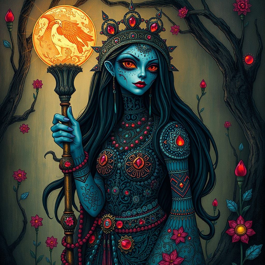 Surly sorceress, 
Ruby bejeweled
Intricate
Folk art
Forest
Android Jones, Gustav Moreau