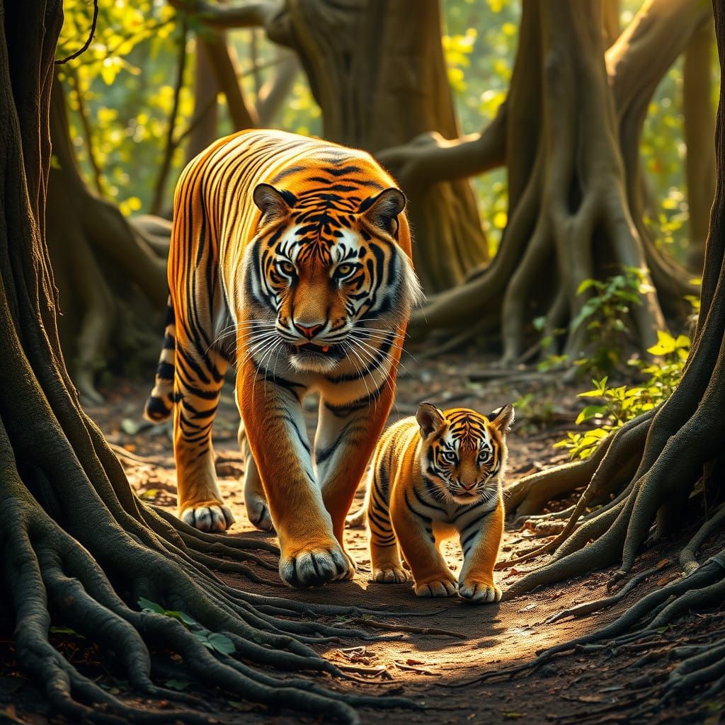 Majestic Tiger and Baby Prowl Through Serene Forest