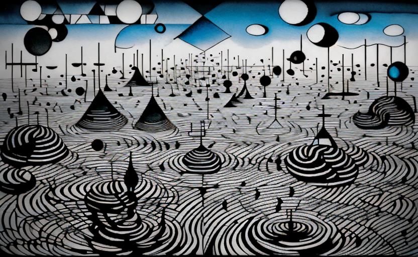 Abstract River with Geometric Shapes in Watercolor