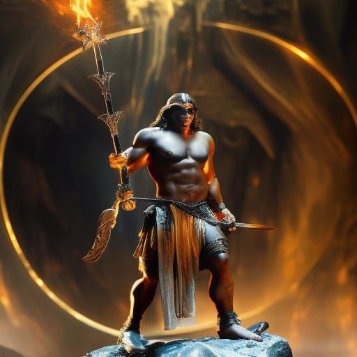 Barbarian Warrior with Torch in Dark Cave, Fantasy Art