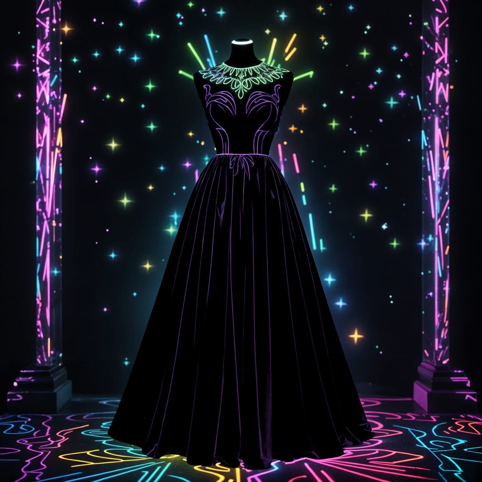 Vibrant Neon Formal Dress in Art Deco Style