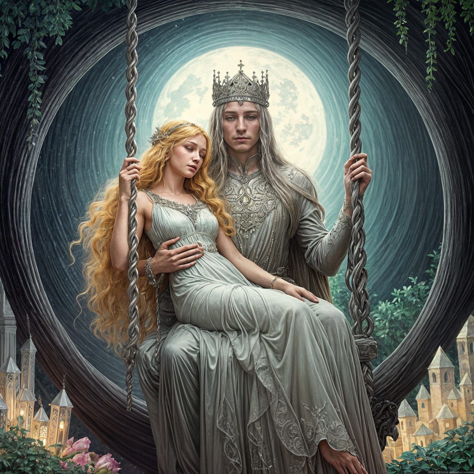 Magical King Embraces Queen on Gem-Adorned Swing