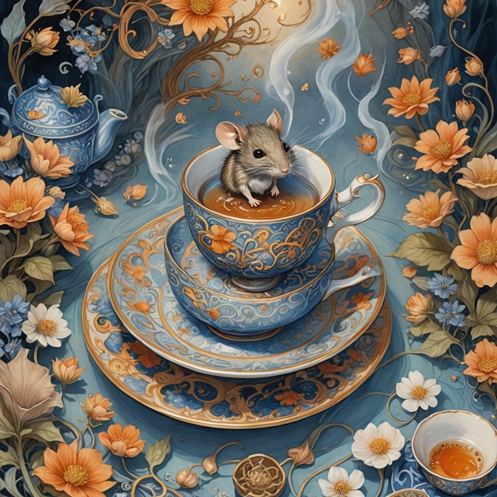 Door Mouse Swimming in Teacup: Whimsical Concept Art