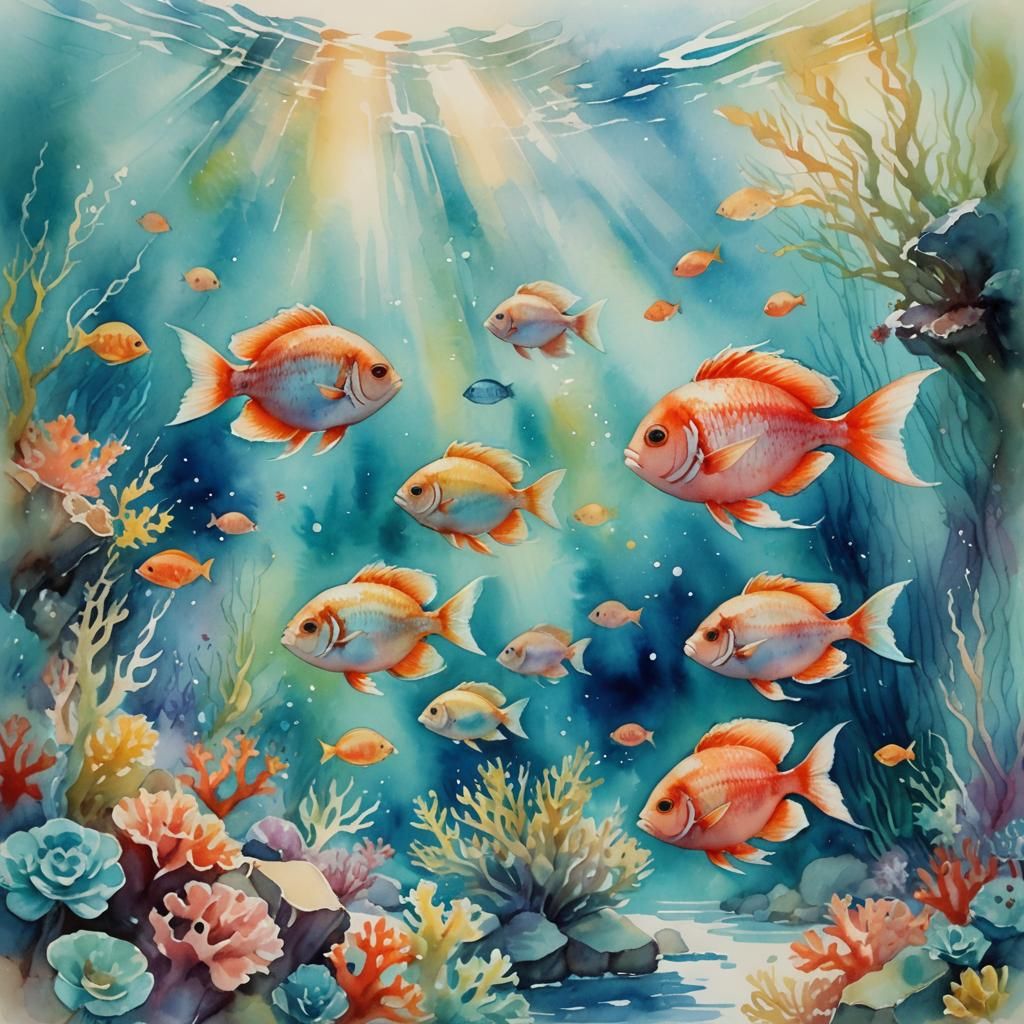 Ethereal Watercolor Fish in Coral Reef