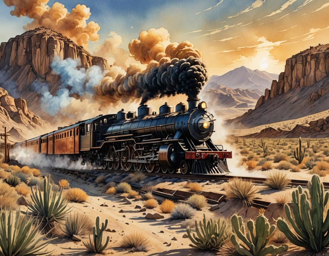 Desert Steam Train in Watercolor Comic Book Style