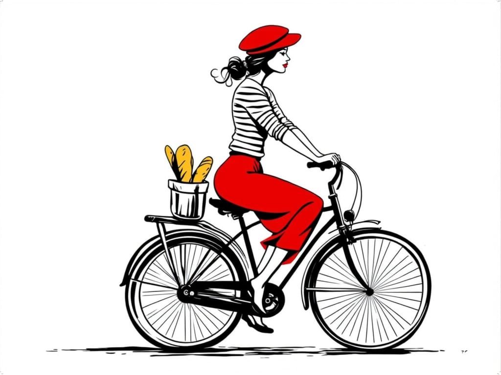 French Woman on Bicycle in Parisian Postcard Style