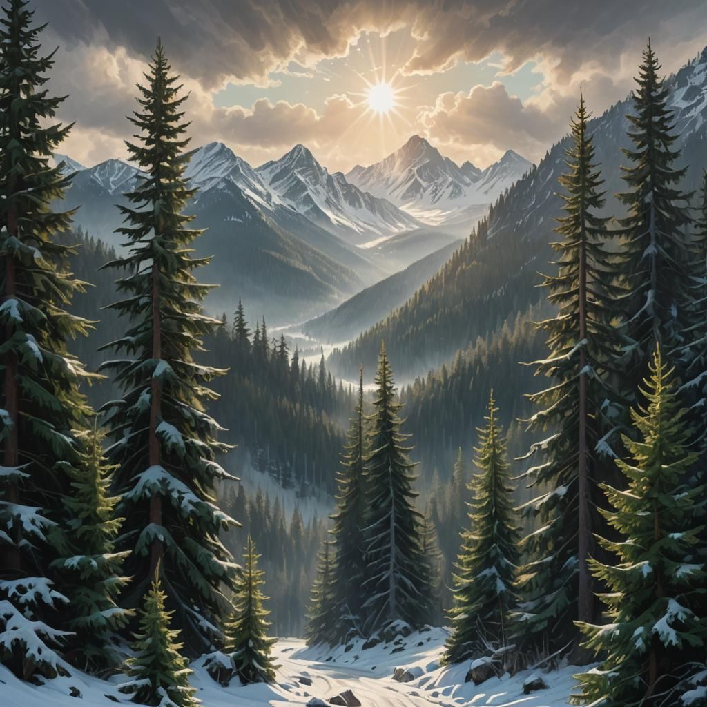 Winter Forest Masterpiece with Towering Mountains and Warm S...