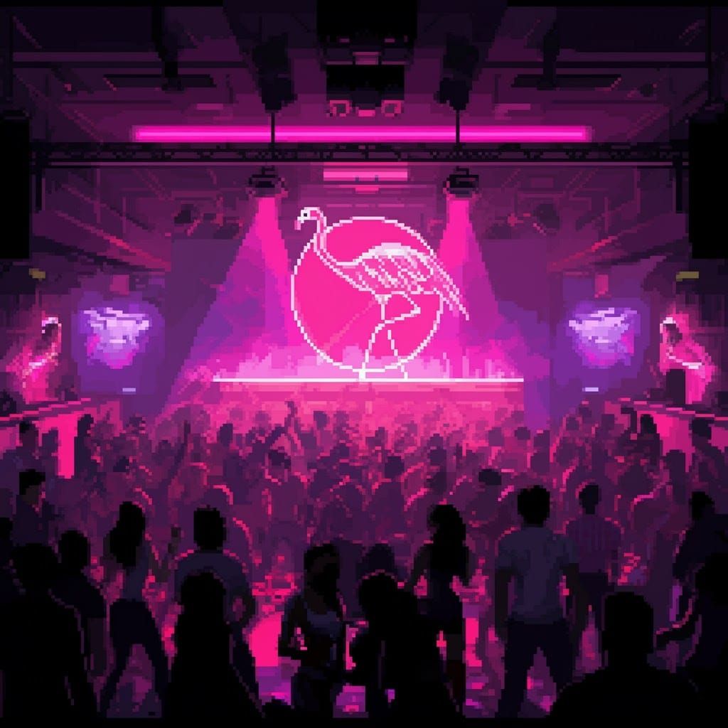 Vibrant Pixel Art Nightclub with Flamingo Neons