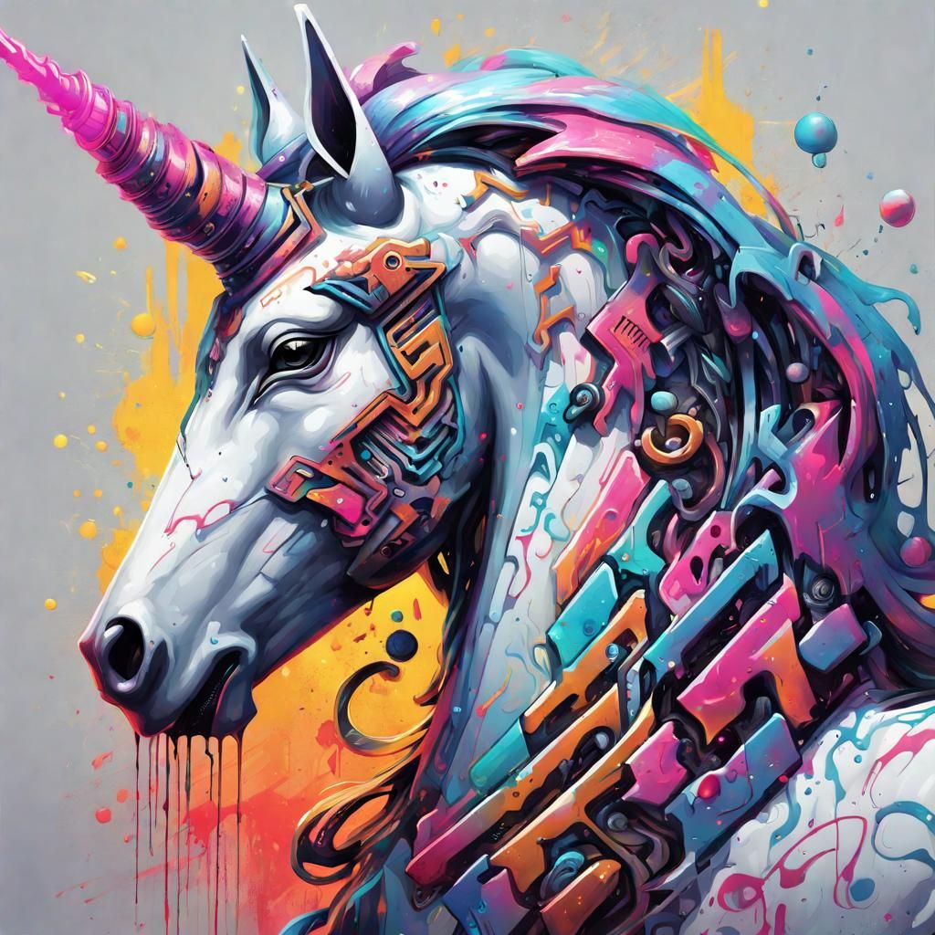 Cybernetic Unicorn Graffiti Art with Runes