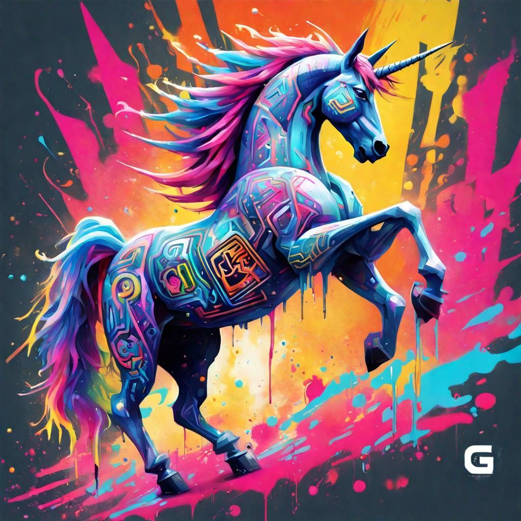 Cybernetic Unicorn in Graffiti Splash Art Style
