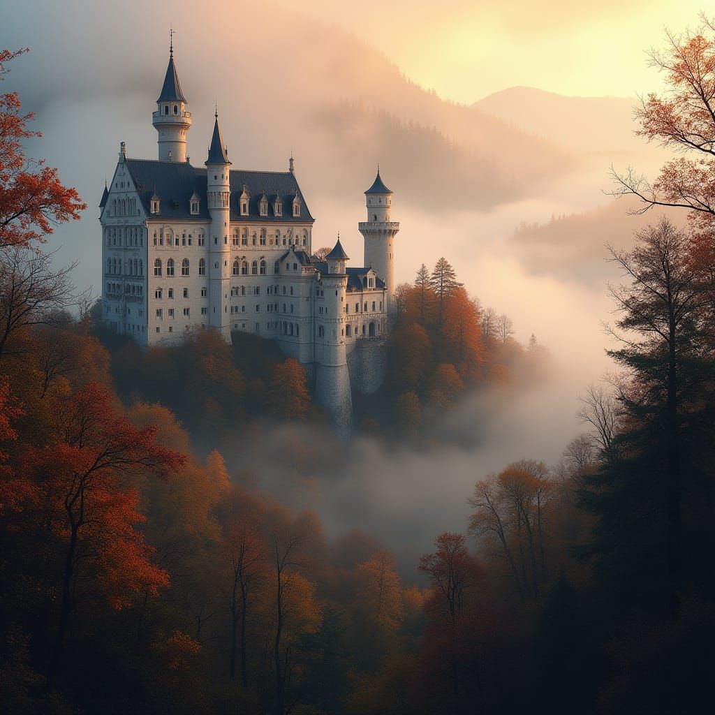 Neuschwanstein Castle in Autumnal Fog