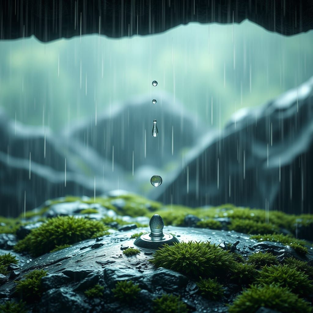 Water Droplet Falling on Mossy Ground in Dramatic Rain