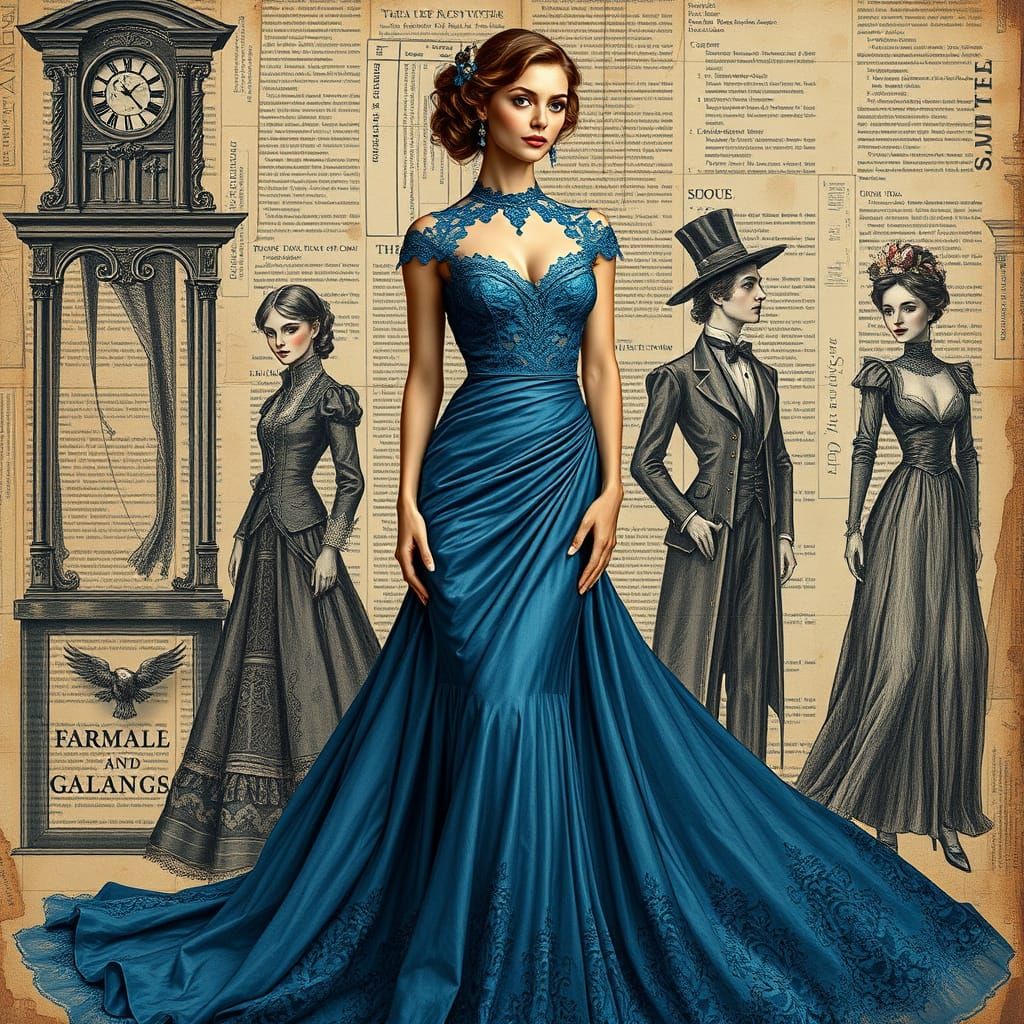 Elegant Victorian Woman in Blue Dress with Steampunk Accents