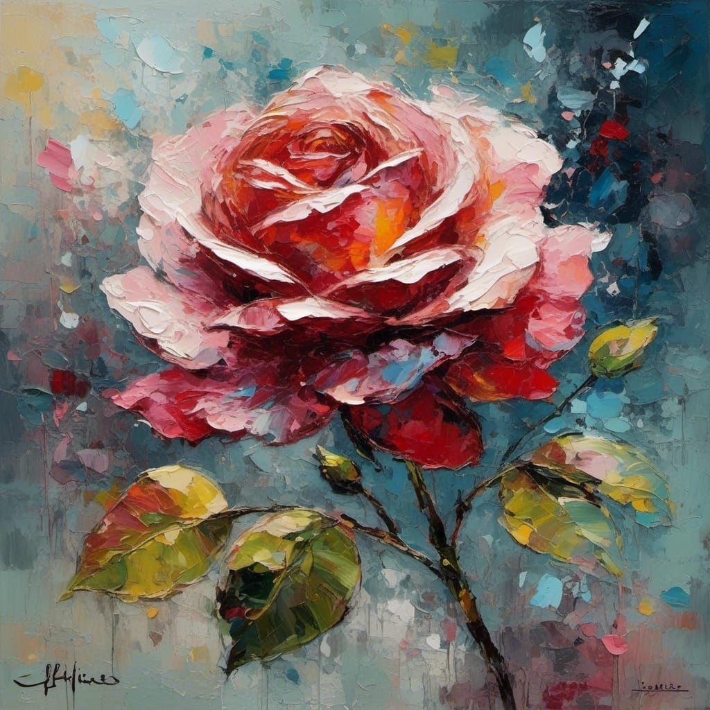 Impasto Rose with Nature Scenes on Petals