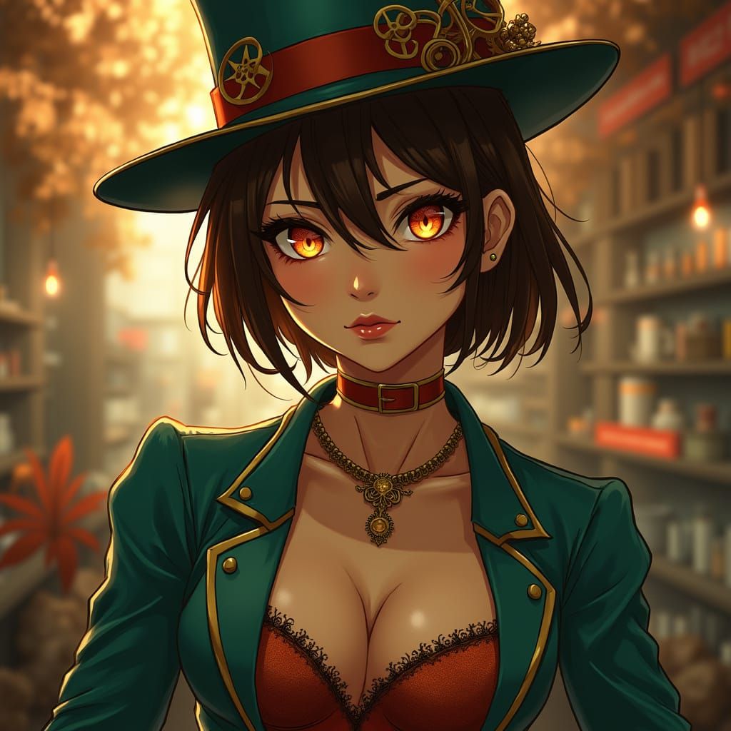 Steampunk Barista with Glowing Eyes in Golden Hues