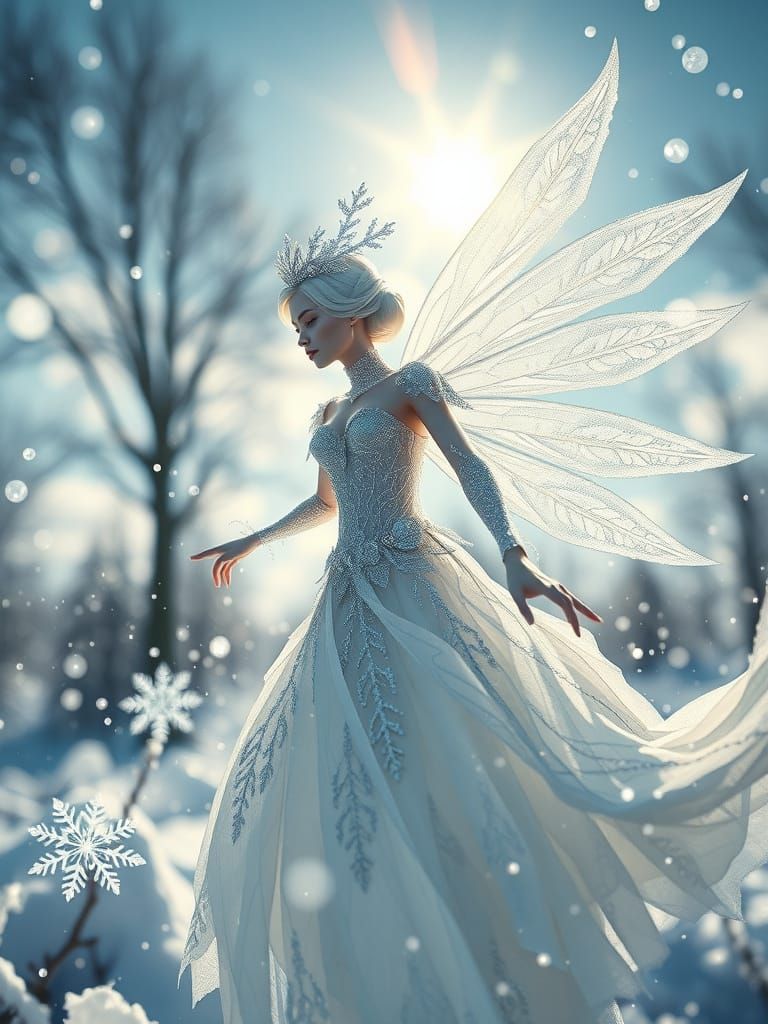 Ethereal White Goth Fairy in Snowflake Dress, Macro Photogra...