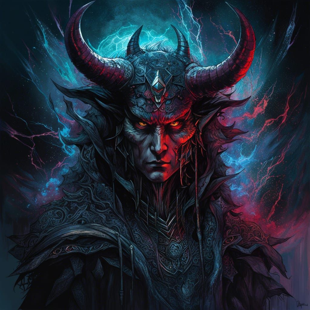 Cosmic Demon Spellcasting in Digital Art Style