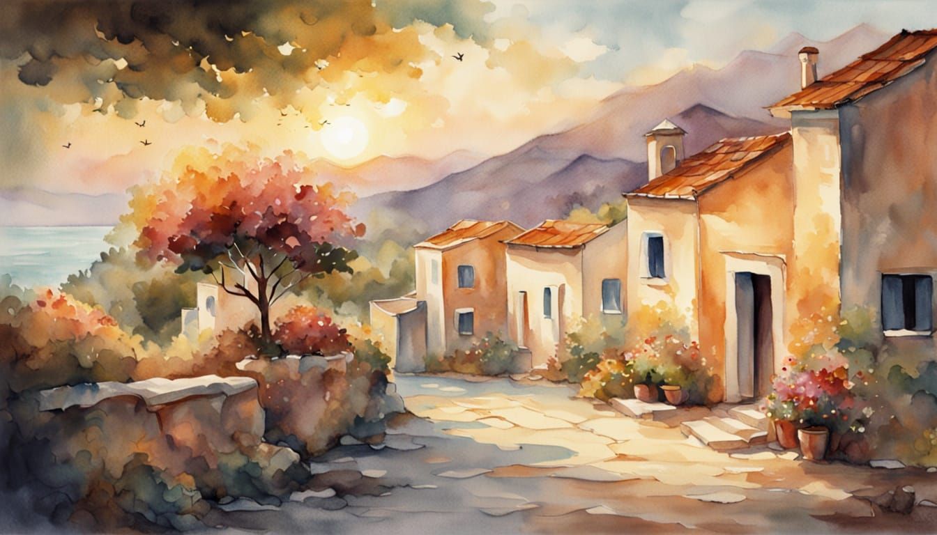 Whimsical Greek Village Scene in Watercolor Style
