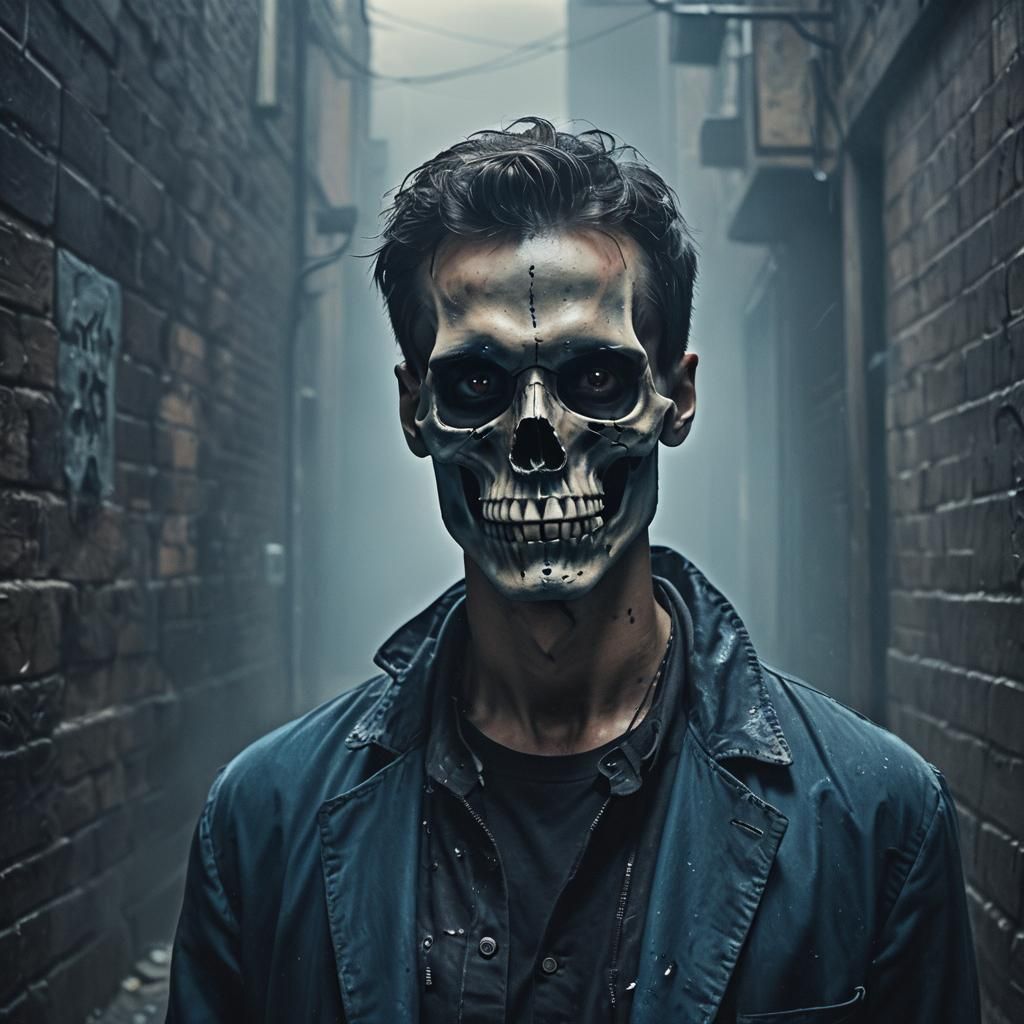 Eerie Skull-Faced Man in Misty Alleyway
