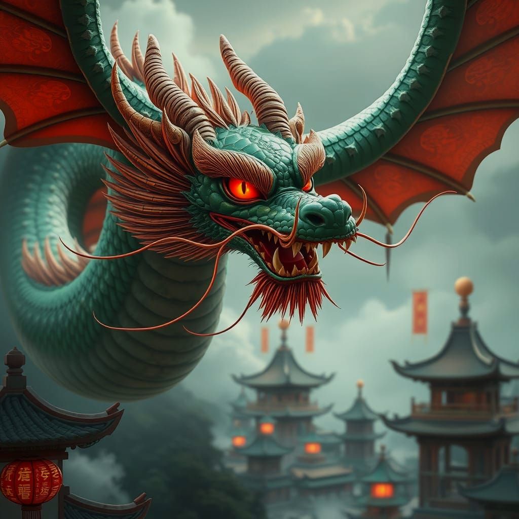 Chinese Dragon Soaring Above Temples in Hyperrealism