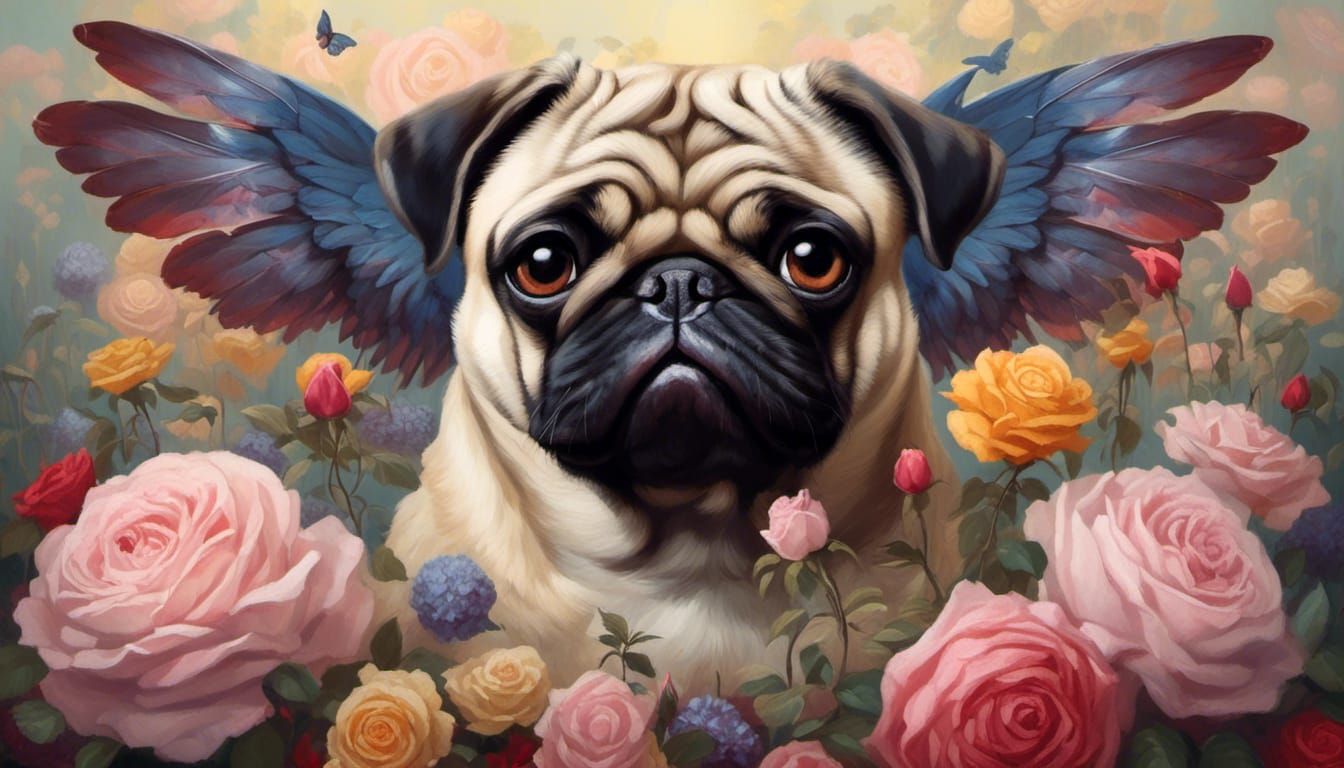 Winged Pug in Rose Garden: Pastel Watercolour Art
