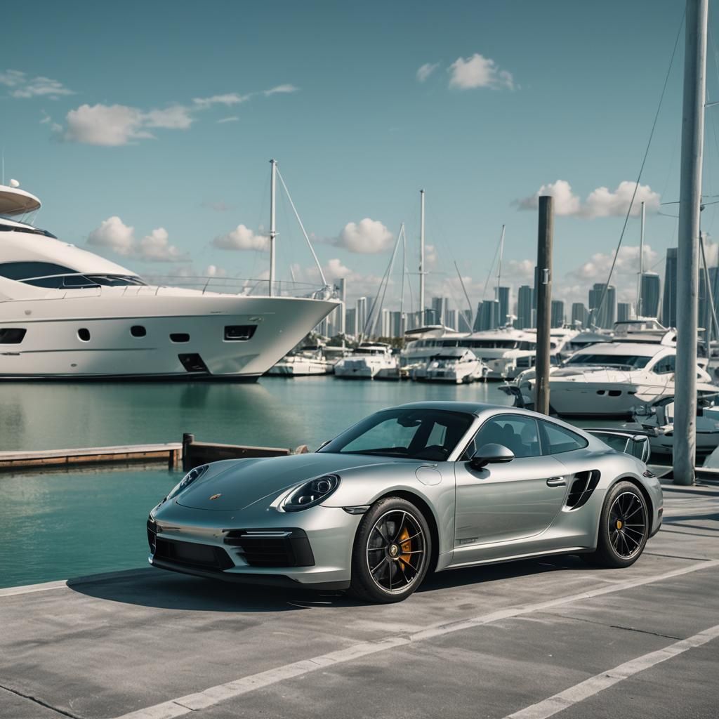 Hyper-Realistic Porsche at Luxurious Miami Yacht Marina