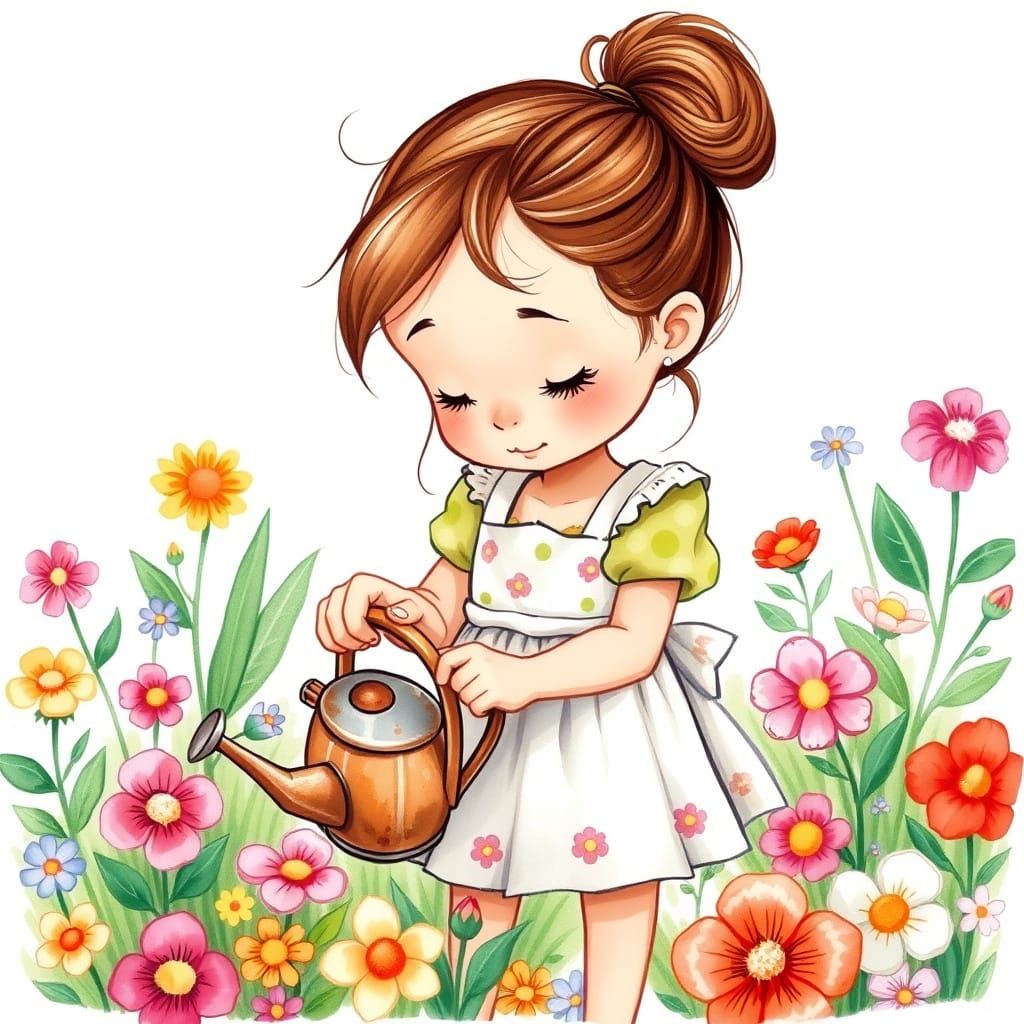 Little Girl Watering Flowers in Whimsical Cartoon Style