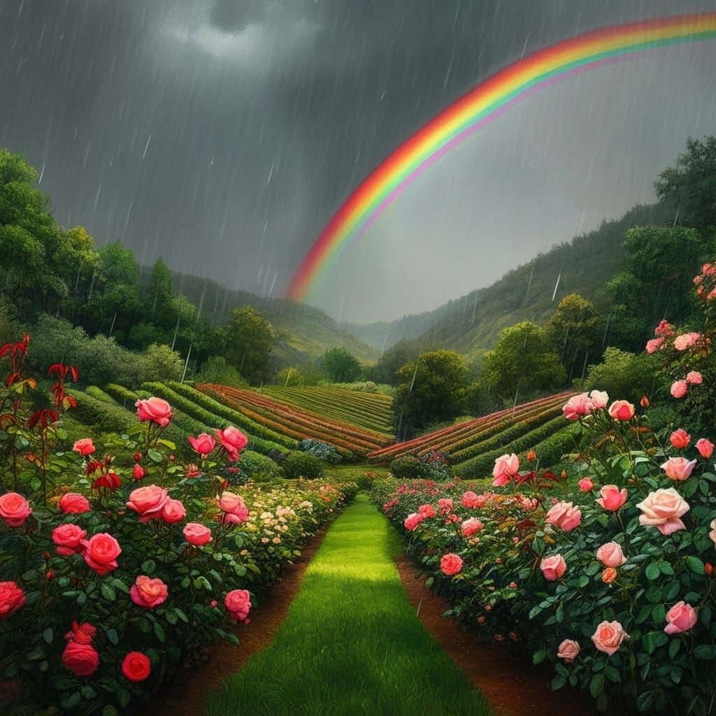 Valley of Roses Under Rain with Rainbow