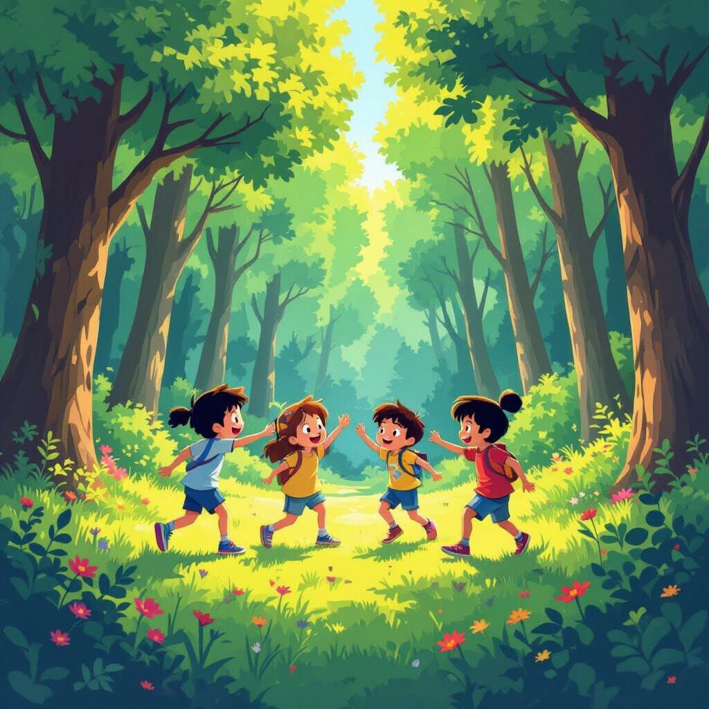 Cartoon Kids Play Tag in Sunny Forest