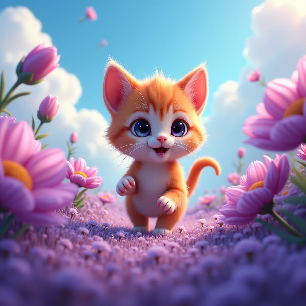 Whimsical Kitten in Fantasy Landscape, Animated Style