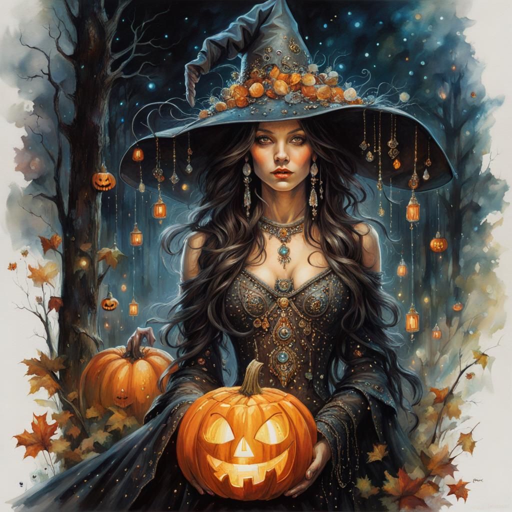 Ornate Jewel Witch in Forest with Jack O'Lanterns