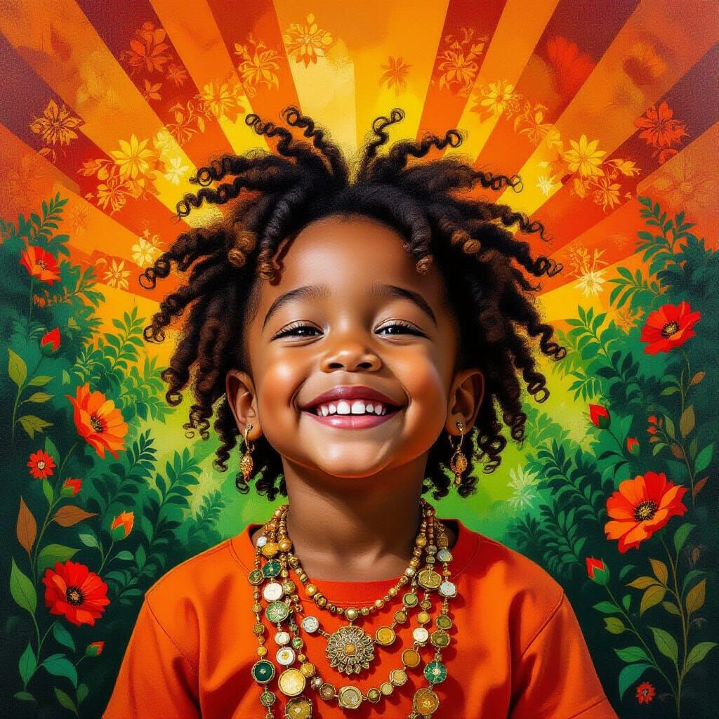 Joyful Child Portrait with Psychedelic Background
