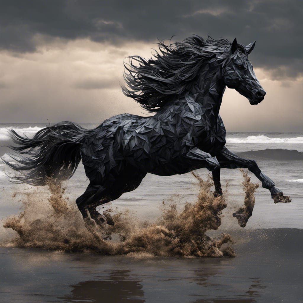 Origami Black Stallion Prancing on Paper Beach