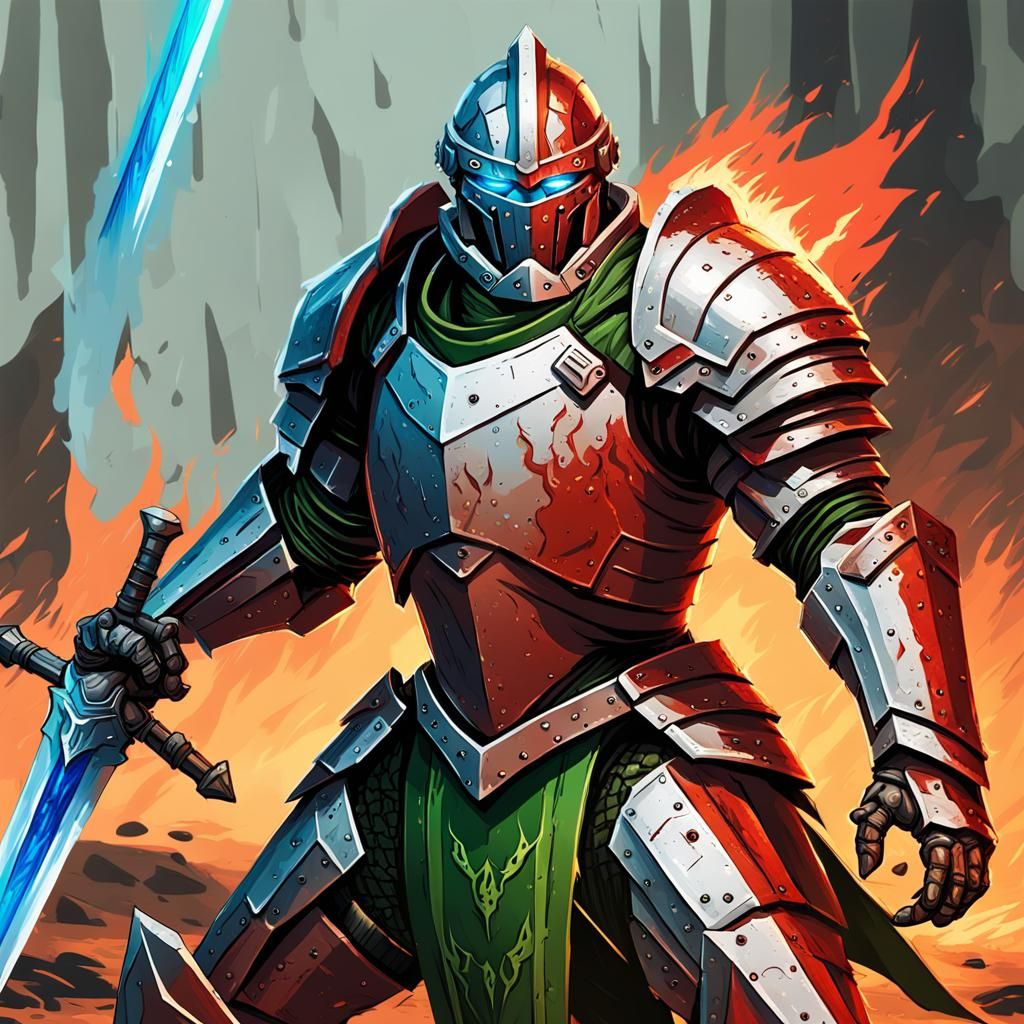 Warforged Fighter with Flaming Sword Pixel Art