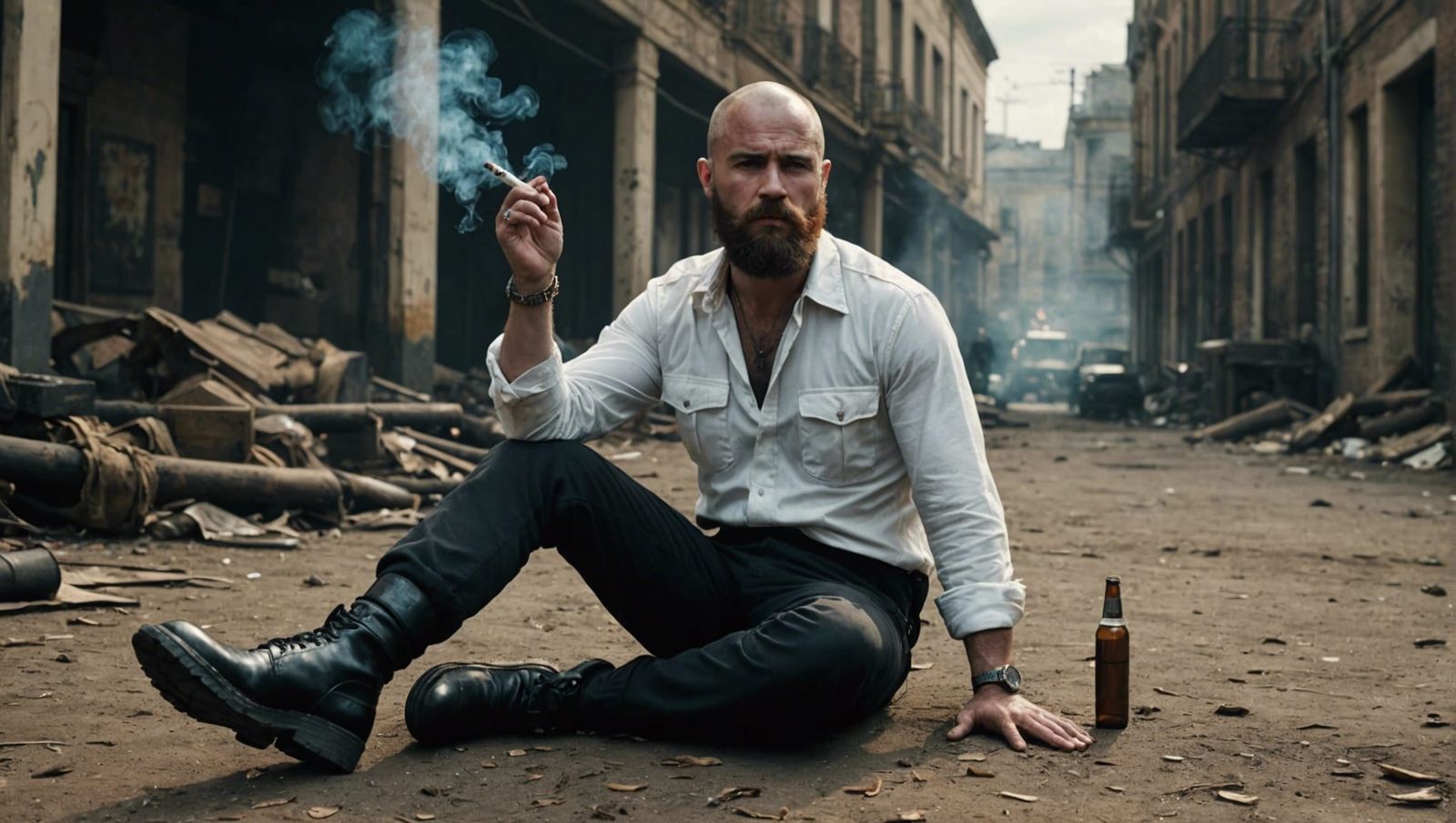 Cinematic Skinhead Smoking Cigar in Military Pants