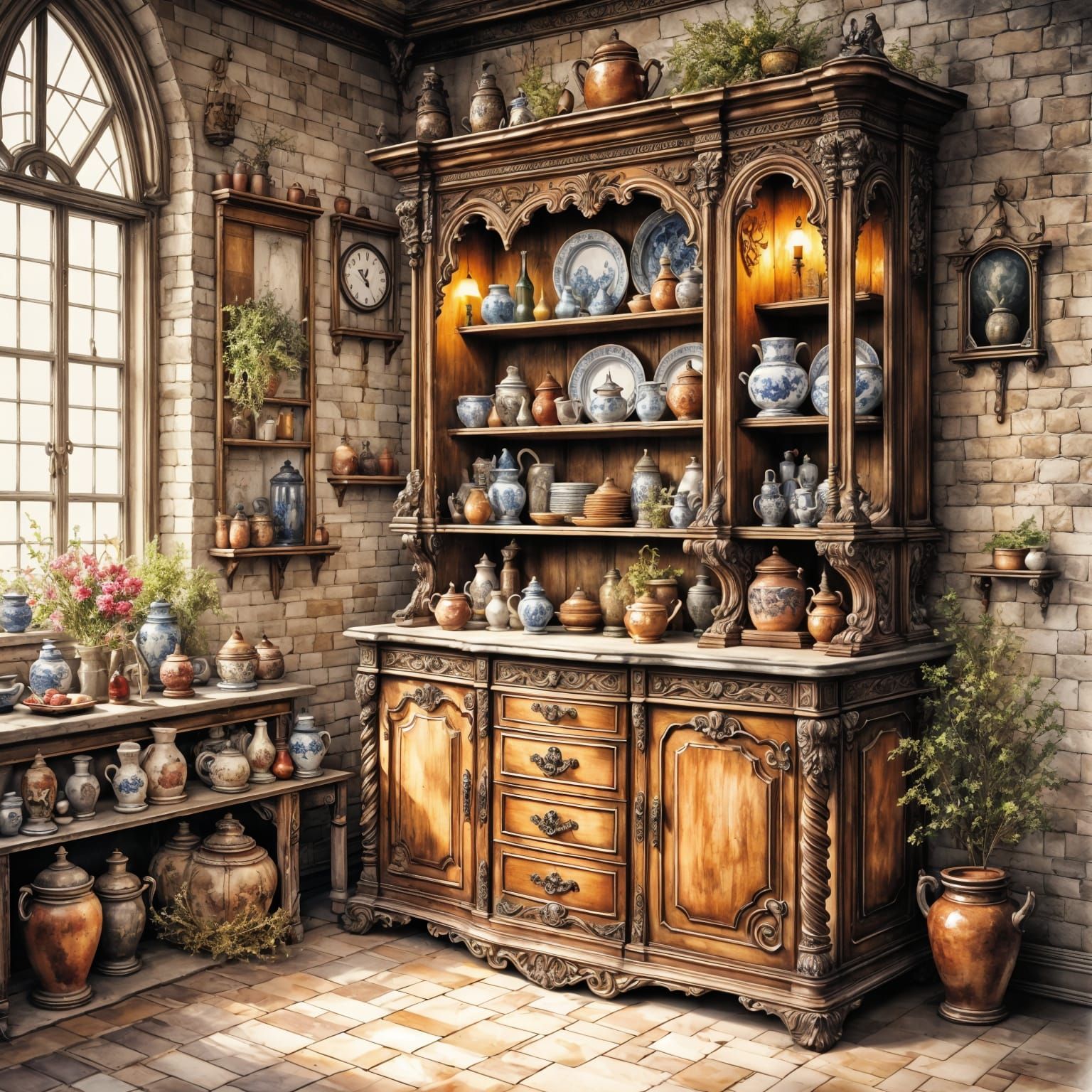 Elegant Antique China Cabinet in Old Kitchen