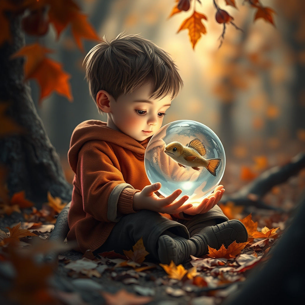 Child with Fairy Orb in Autumn Forest
