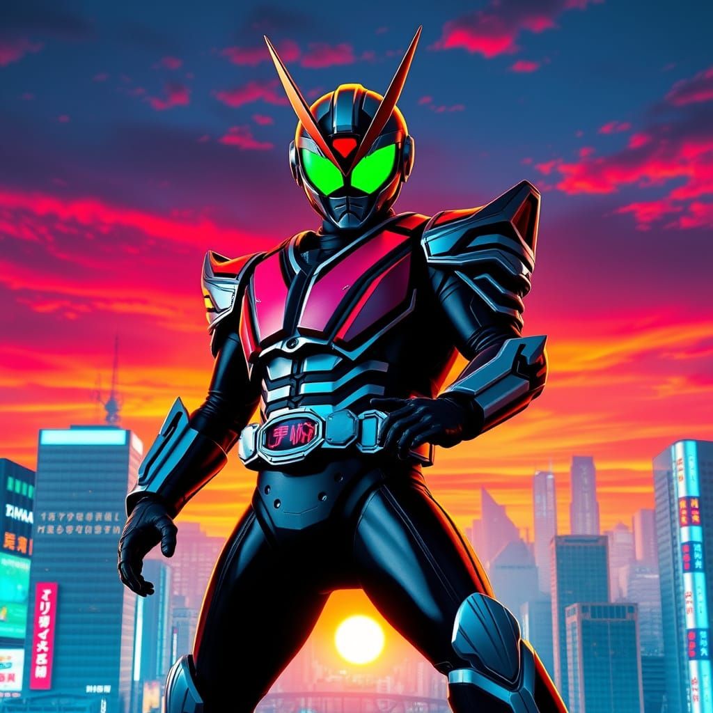 Kamen Rider in Futuristic Tokyo Cityscape