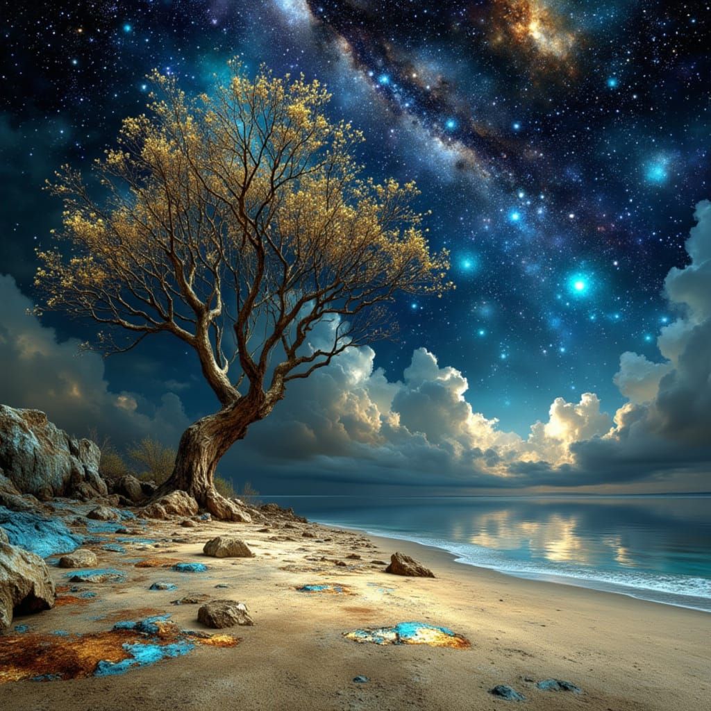 Ancient Tree on Retro-Futuristic Beach with Cosmic Sky