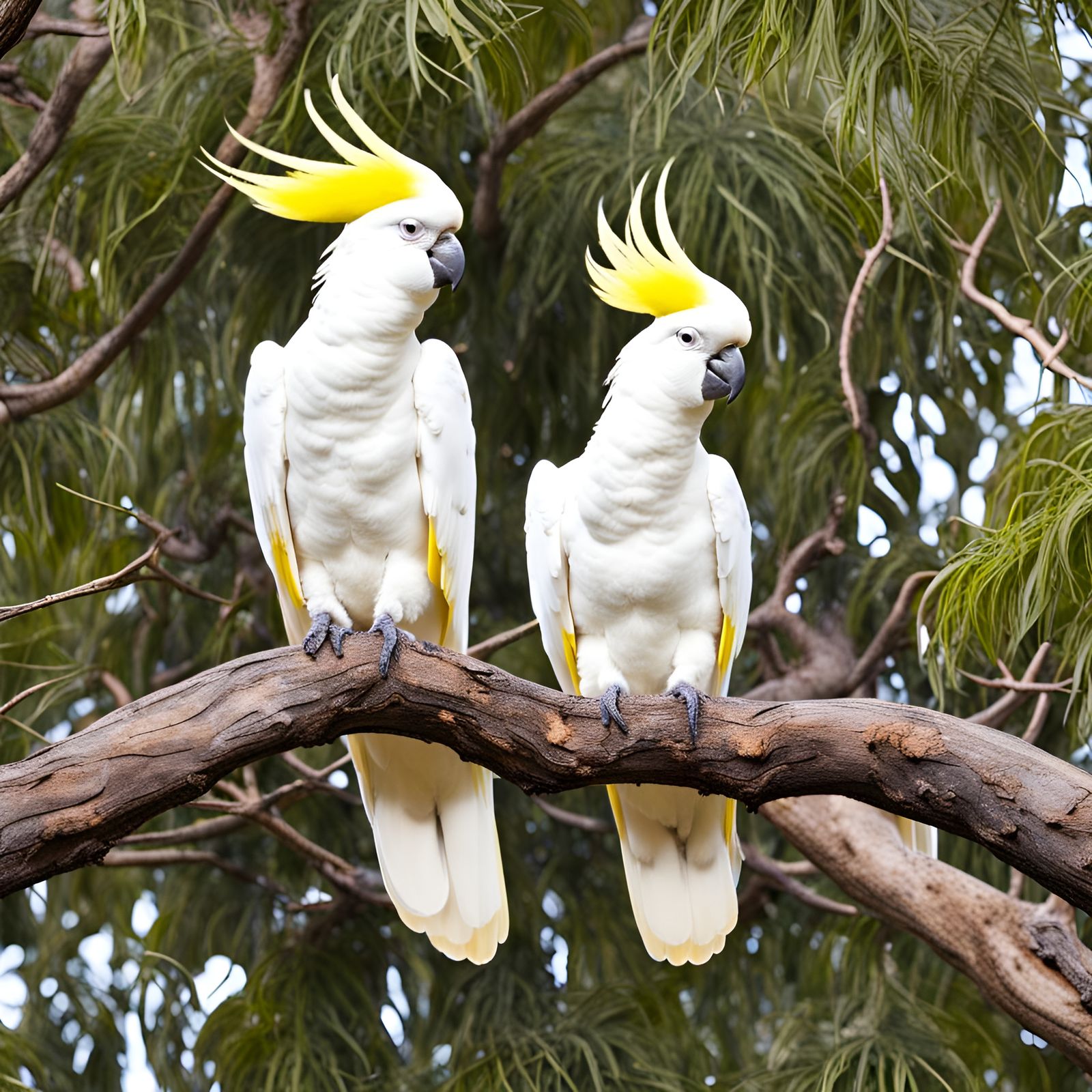 Two Sulphur-Crested Cockatoos in a Tree