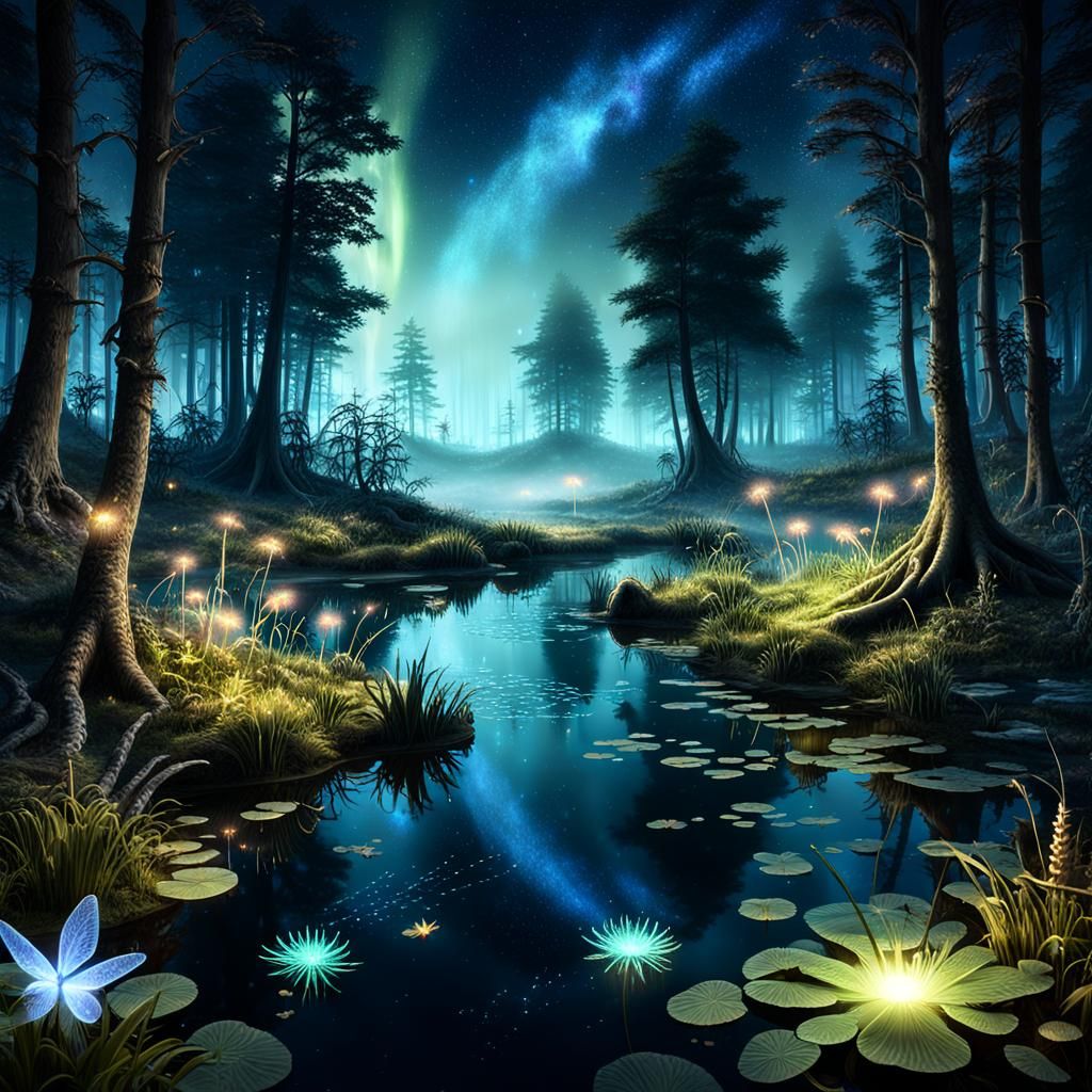 Enchanted Forest: Bioluminescent Pond at Night