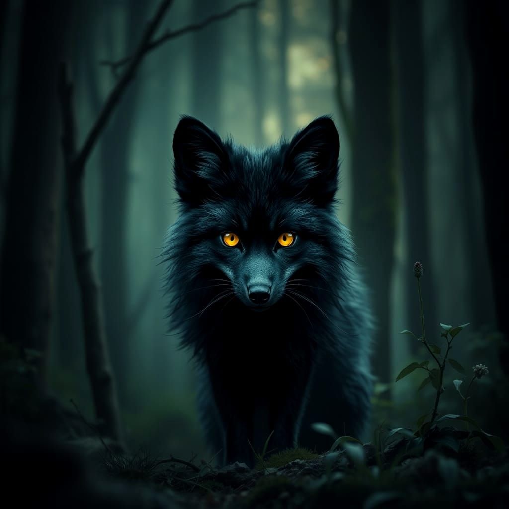 Fluffy Black Fox in a Mysterious Forest