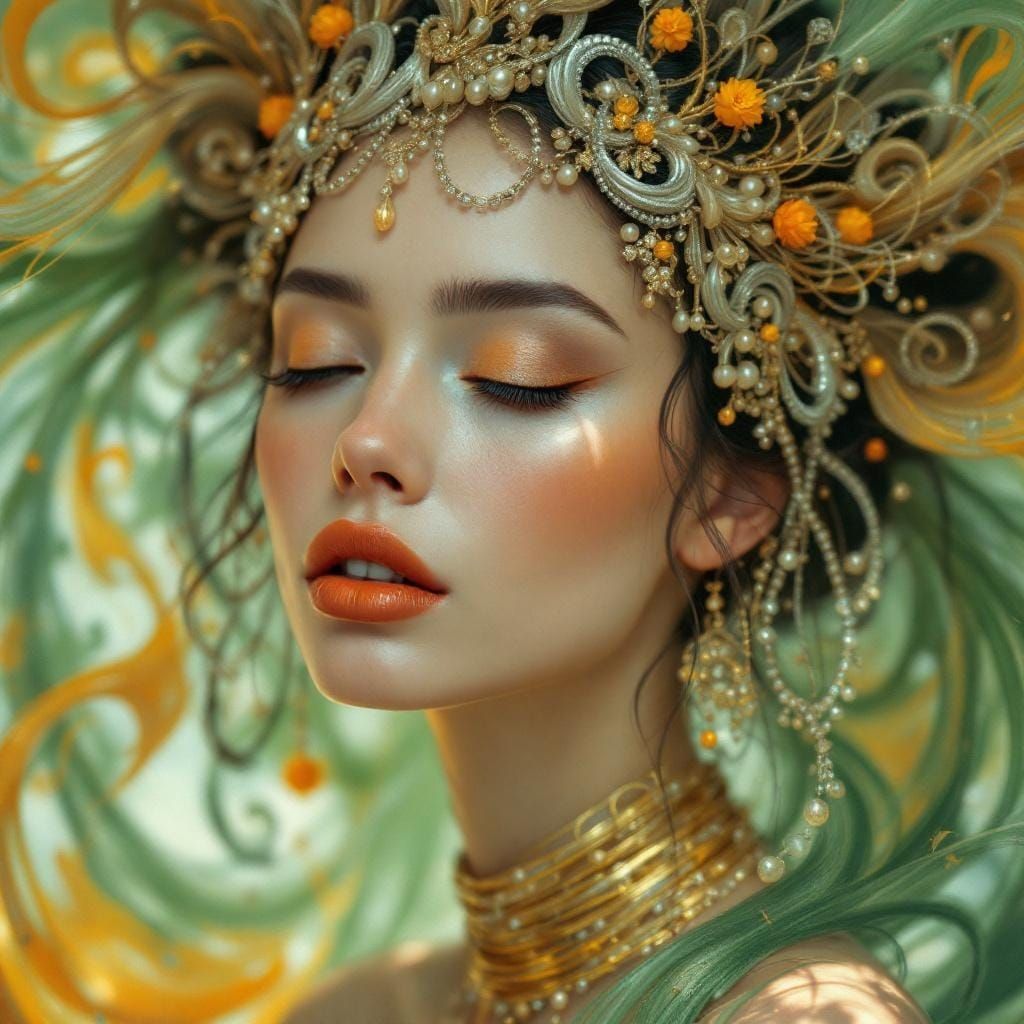 Dreamlike Woman with Ornate Headpiece in James Jean Style