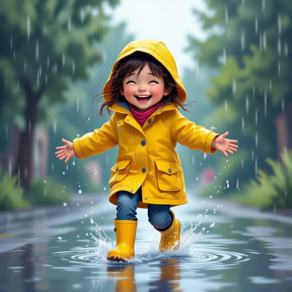 Joyful Girl Dancing in Rainy Day Puddles