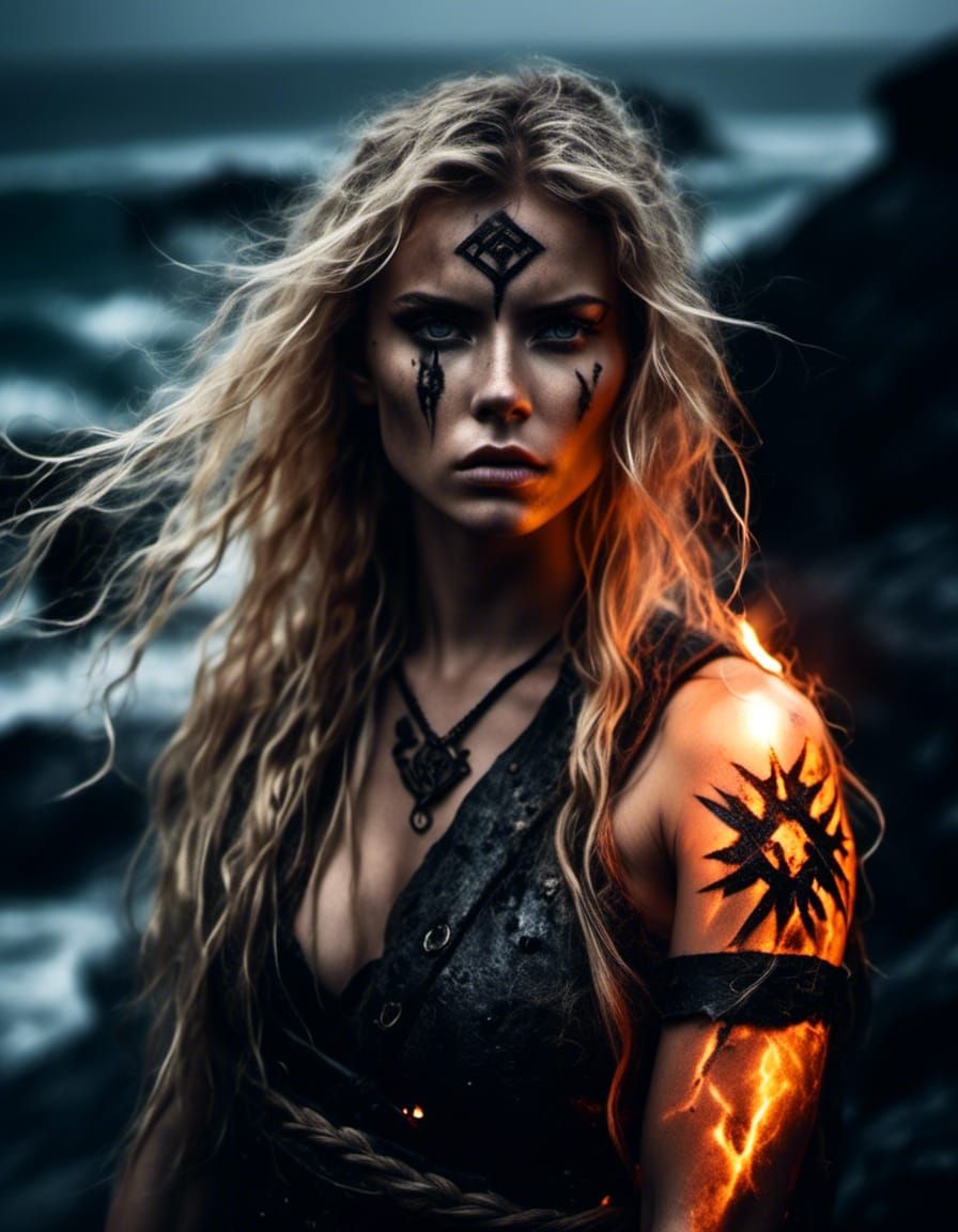 Norse Warrior with Glowing Runes in Stormy Weather