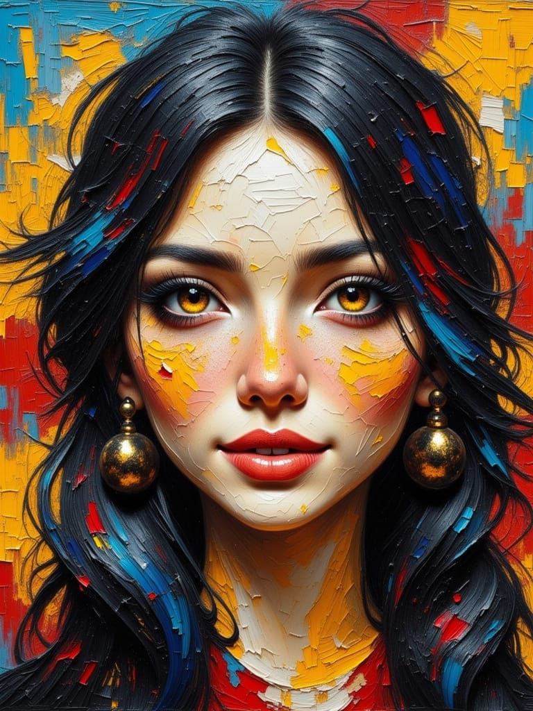 Colorful Impasto Portrait of Expressive Woman