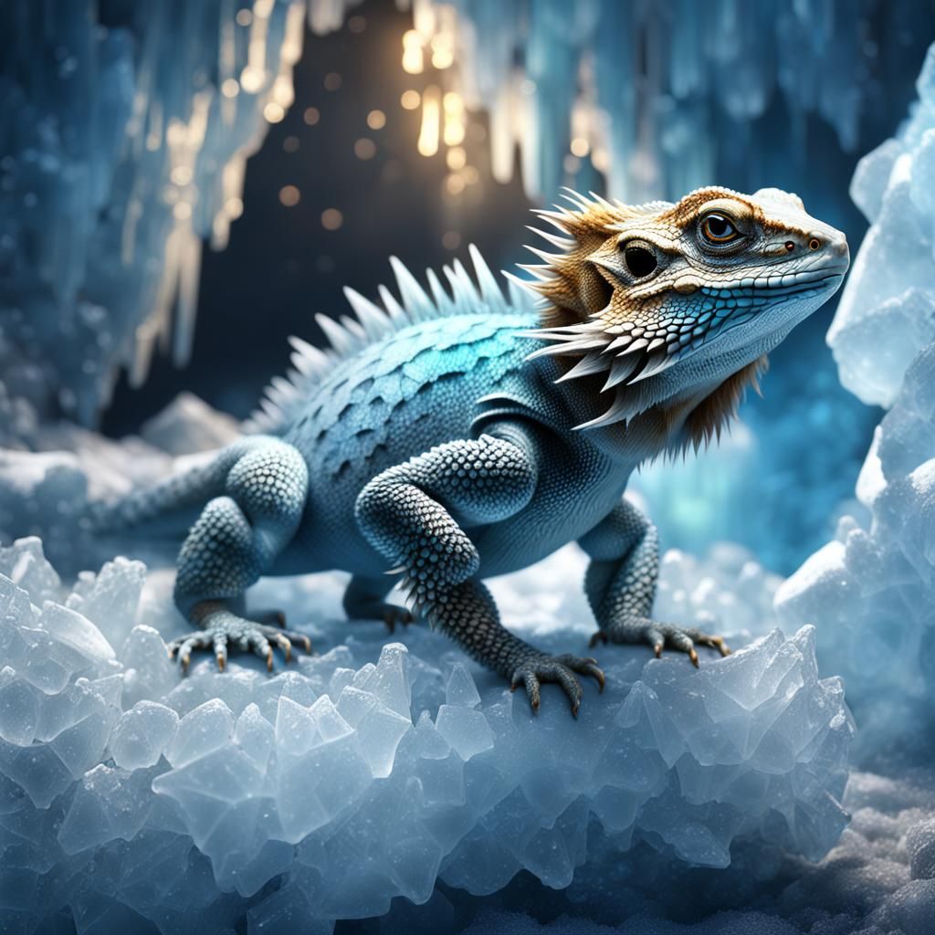 Icy Bearded Dragon in Ice Cave: Digital Art