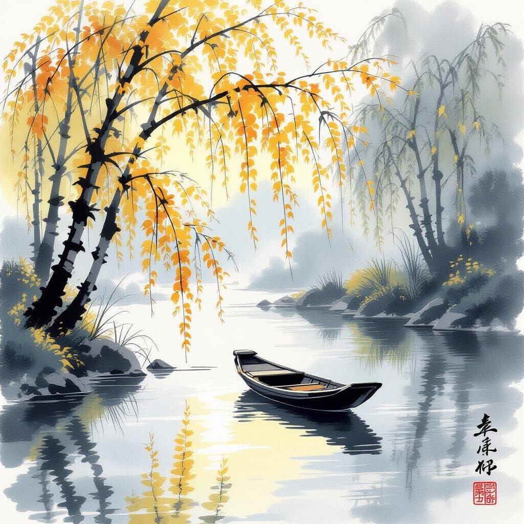 Spring River Scene in Chinese Ink Wash Style