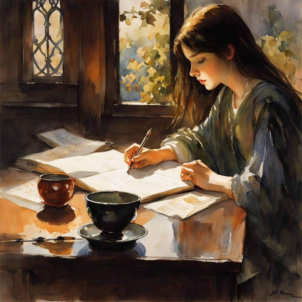 Girl Writing in Chiaroscuro Watercolor Style