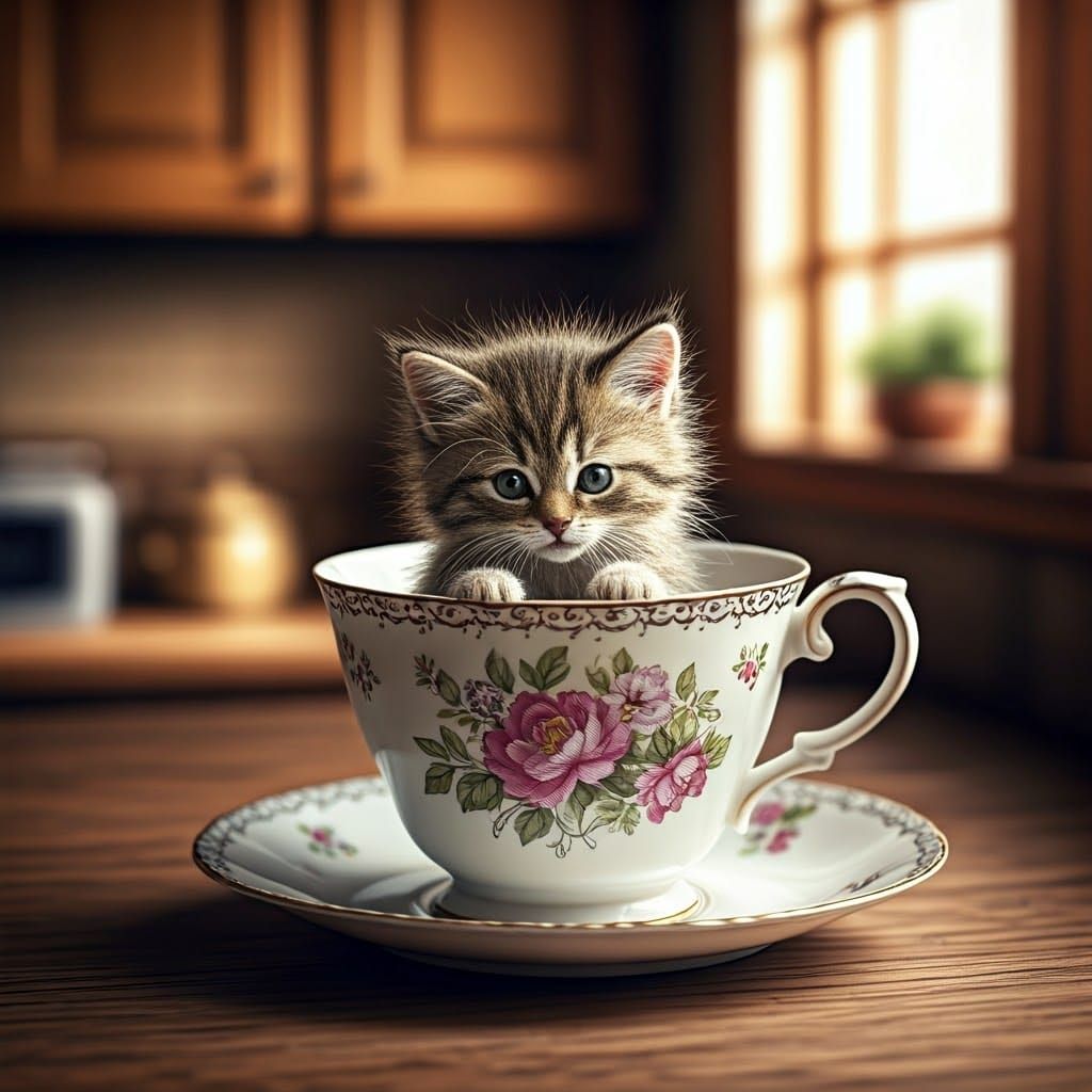 Kitten in Teacup: Vermeer-Inspired Chiaroscuro